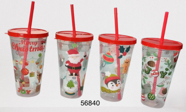 VASO PLASTICO C/SORBETE NAVIDAD 9X16CM