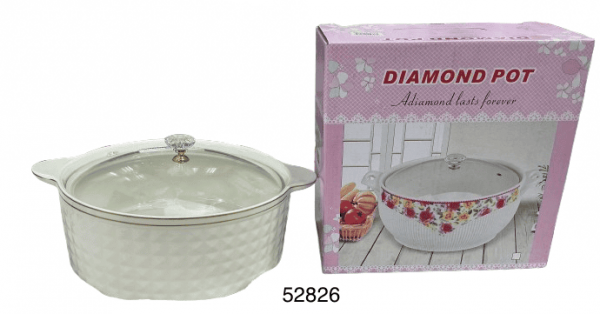 CASEROLA RDDA PORCELANA ORILLA DOR C/TAPA CRISTAL 22X24CM
