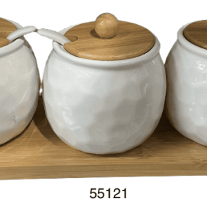 SET FRASCO C/TAPA+BANDEJA MADERA 31X11X10CM 4/1